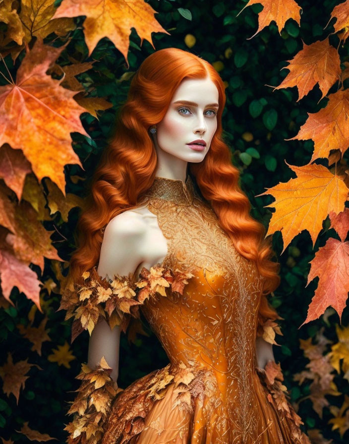 Vibrant red-haired woman in autumnal dress blends with fall foliage