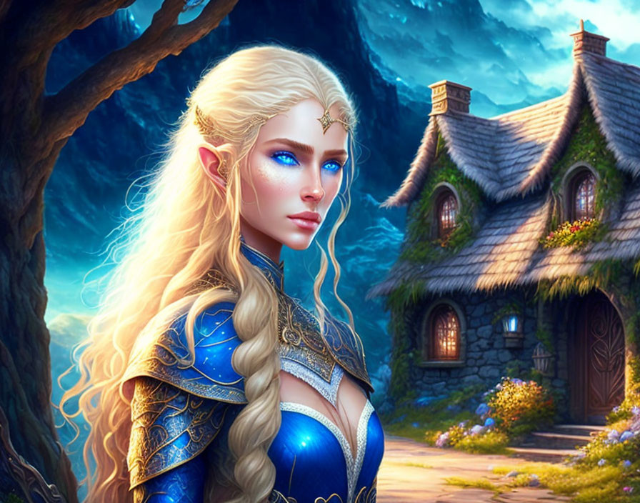 Blonde-haired female elf in blue armor by fantasy cottage