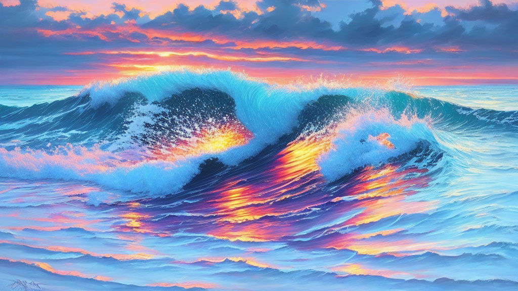 Colorful digital artwork: Large ocean wave in pink and orange hues