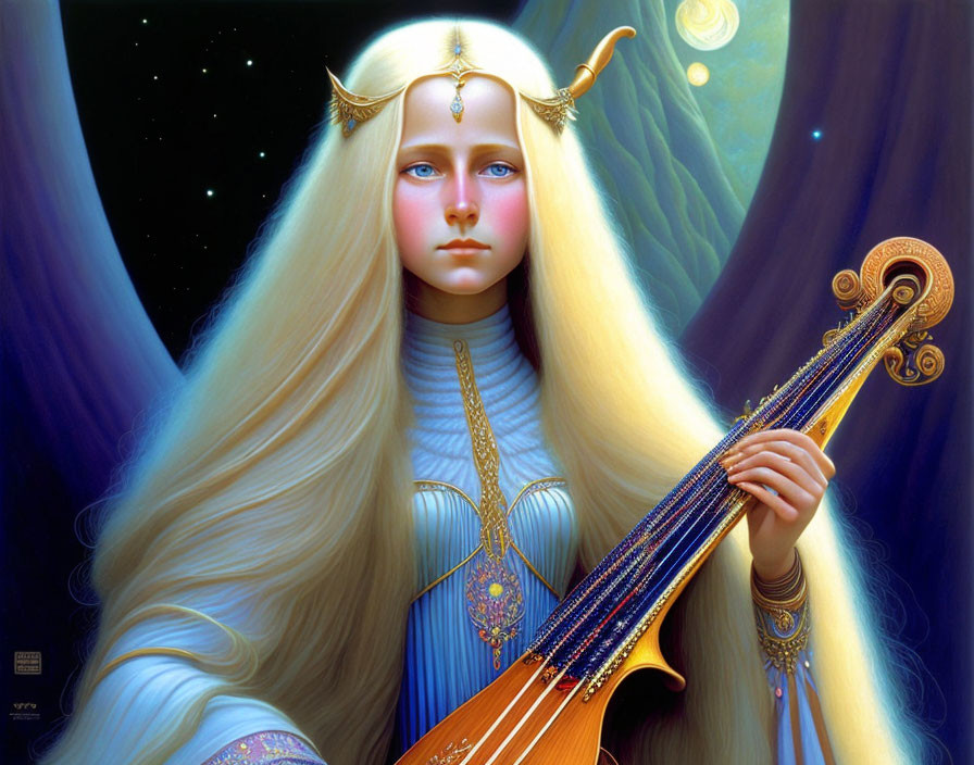 Blonde ethereal figure in blue dress with harp on starry background