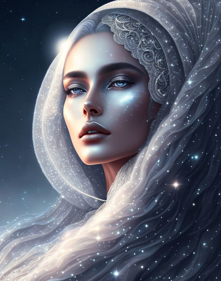 Digital illustration of woman with silver hair and ornate headpiece on starry background