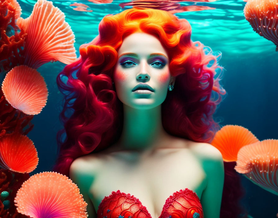 Vibrant red-haired woman underwater surrounded by coral in a fantasy setting