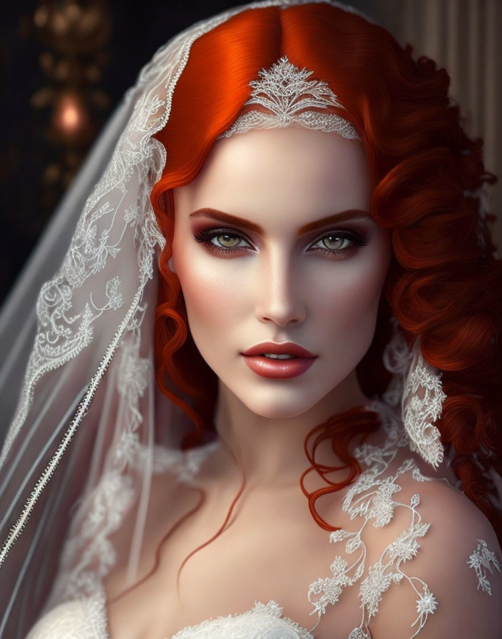 Red-haired woman in bridal veil, digital art with green eyes and lace details