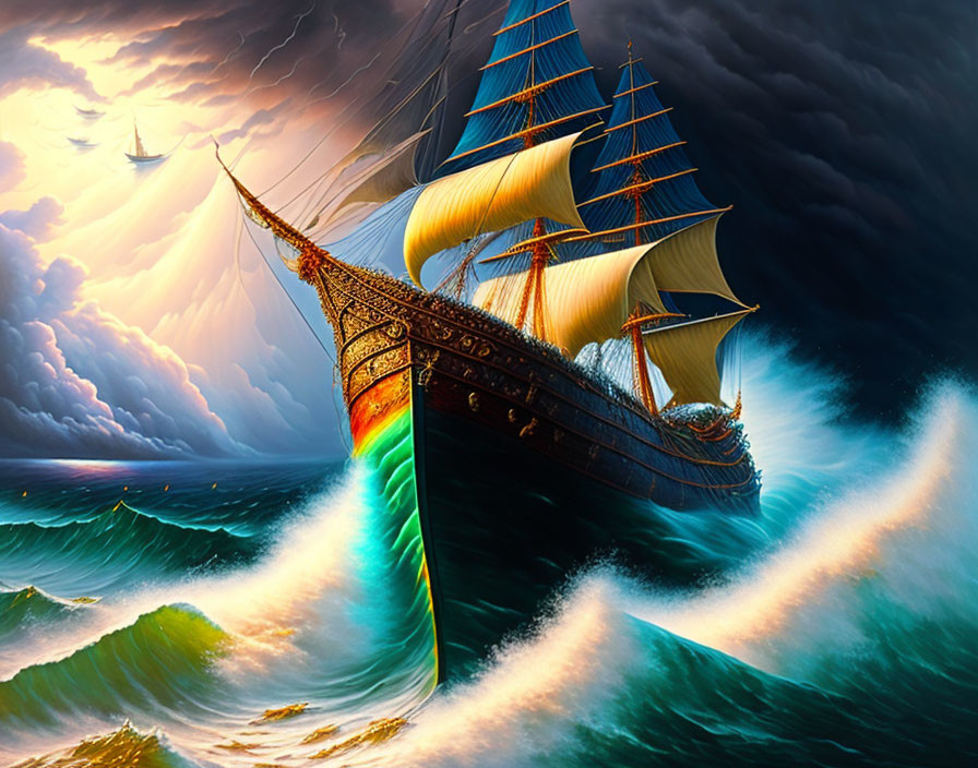 Colorful tall ship sailing through stormy seas with sunlight breaking through clouds