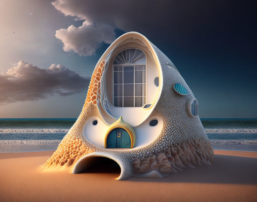 Fish Head Shaped House on Sandy Beach at Sunset