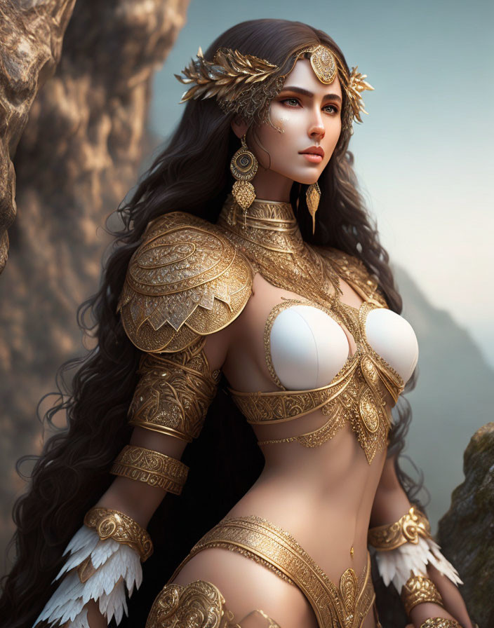 Warrior woman digital art with golden armor and feathered headdress