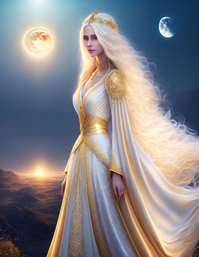 Regal woman with white hair in golden gown under twilight sky