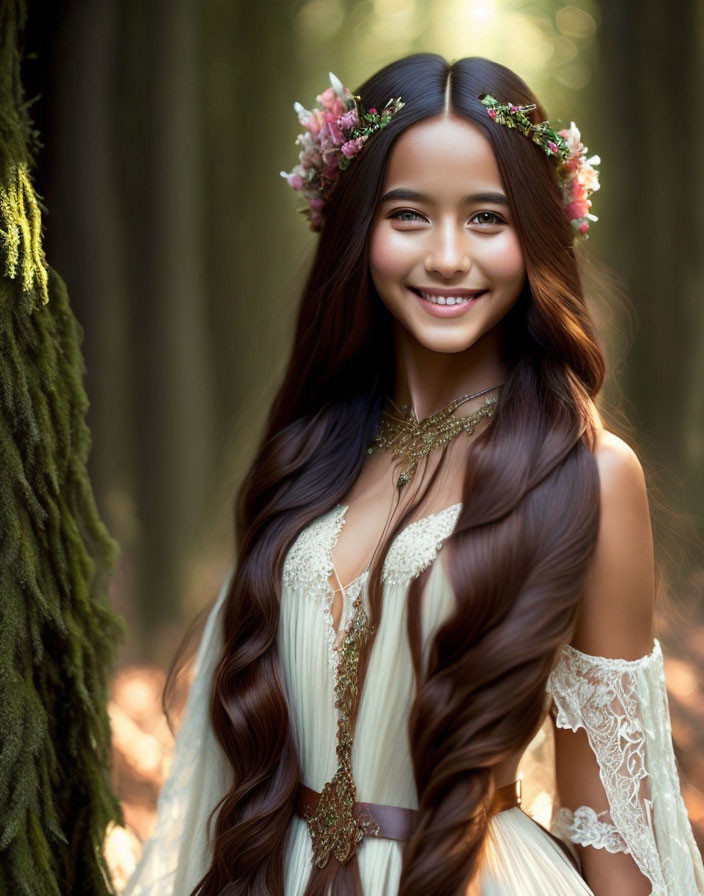 Smiling woman with floral crown in bohemian dress in wooded area