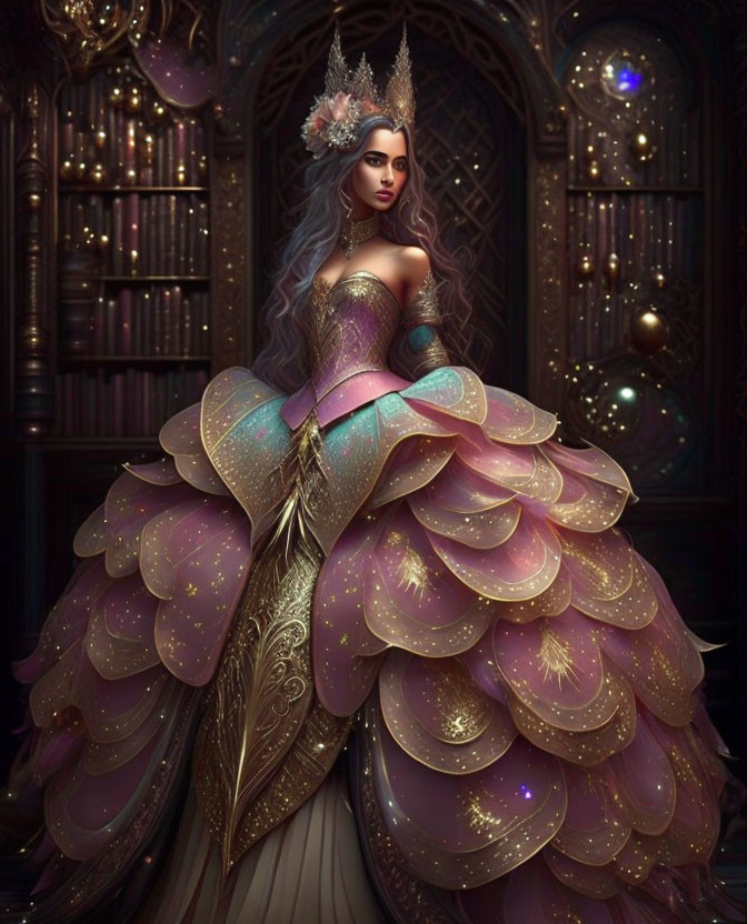 Fantasy queen illustration in gradient gown with crown in gothic library.