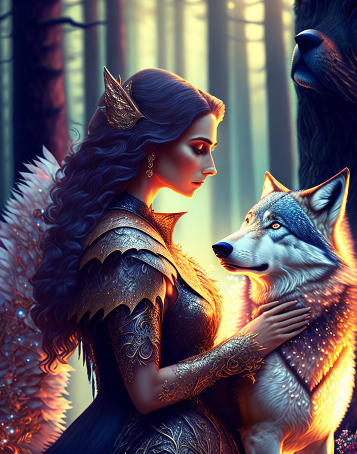 Fantasy-themed image of elfin woman in winged armor with wolf in mystical forest