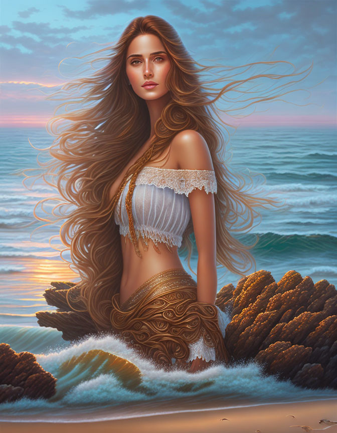Illustrated mermaid with long flowing hair on sea rock at sunset depicted with detailed textures and serene expression