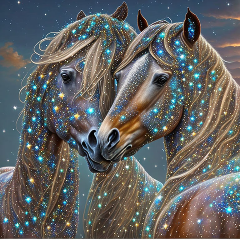Celestial-themed horses with starry coats in night sky scene