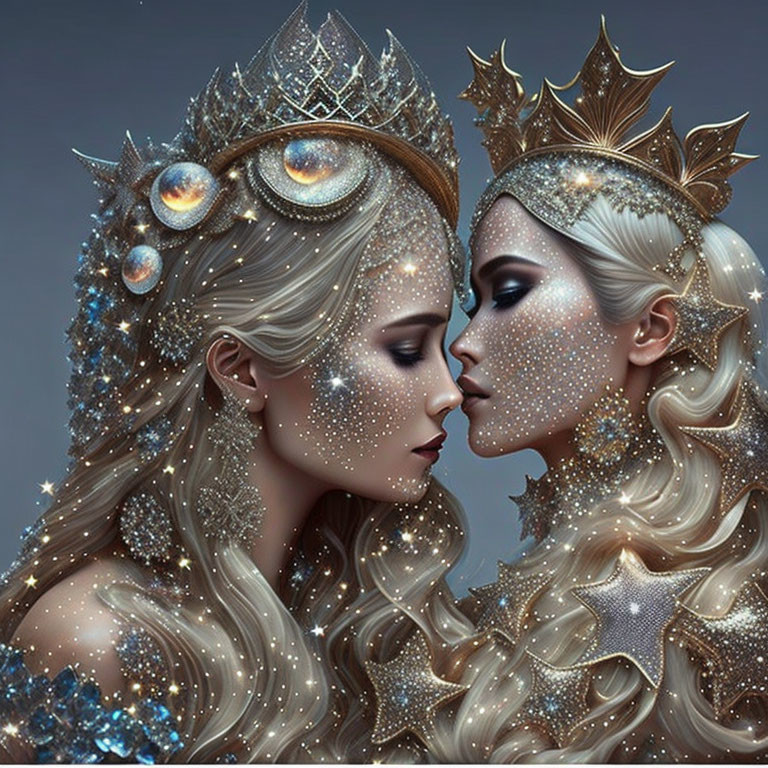 Ethereal women with celestial makeup and crowns touching foreheads