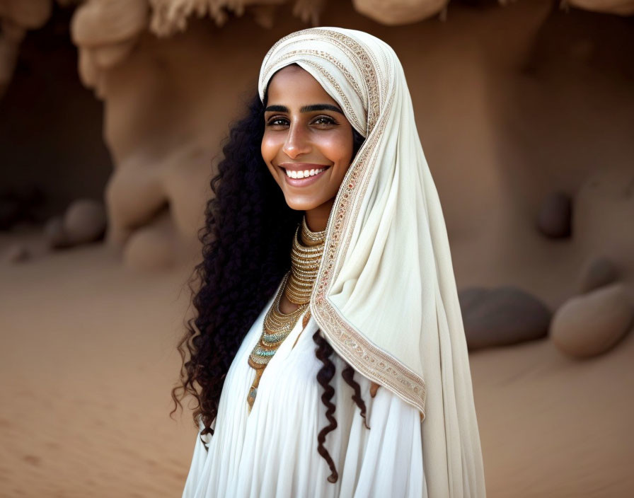 Smiling woman in white headscarf and dress with golden jewelry in desert setting