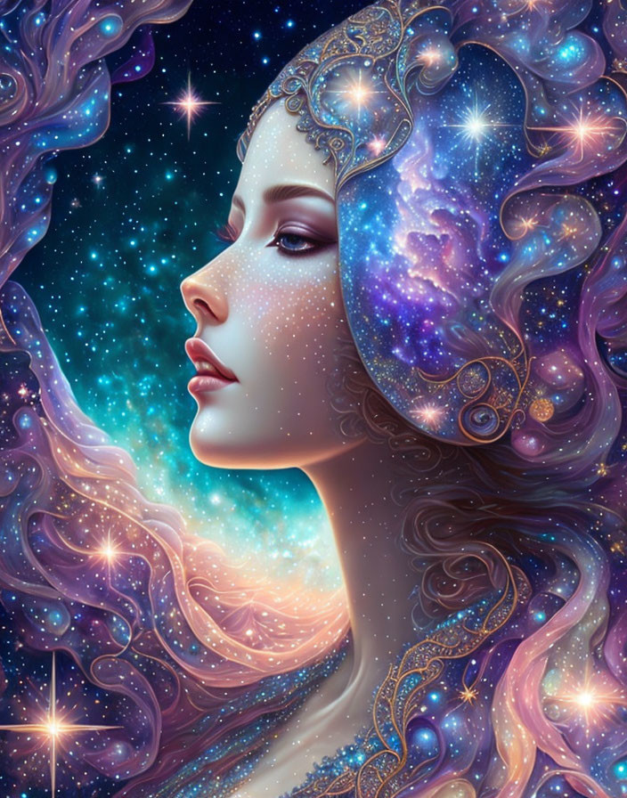 Illustration of woman with celestial features in star-filled cosmos.