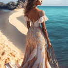 Woman in floral dress by sea with flowing hair and crashing waves