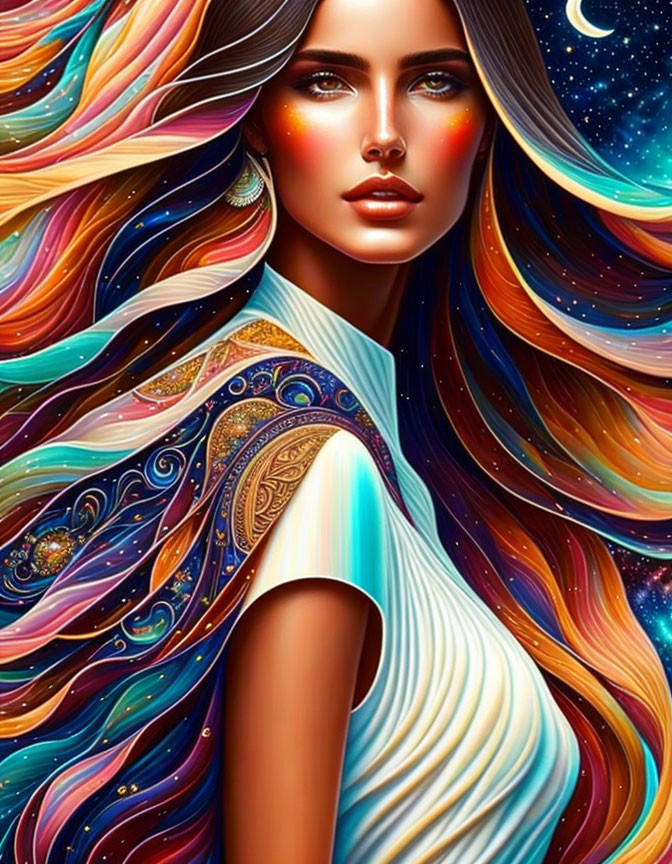 Colorful Woman with Cosmic Hair and Celestial Patterns