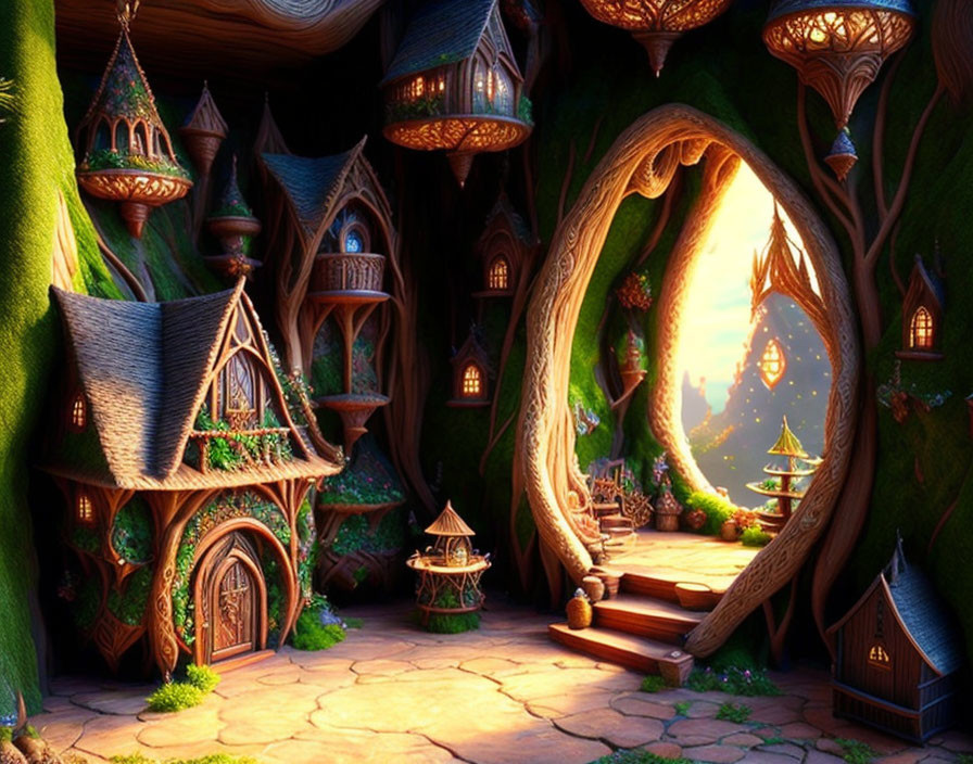 Whimsical treehouse structures in enchanted forest scene