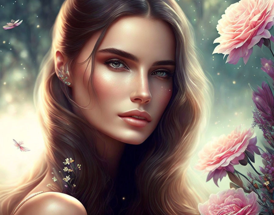 Digital portrait of a woman with flawless skin and long hair amidst pink roses, showcasing ethereal beauty