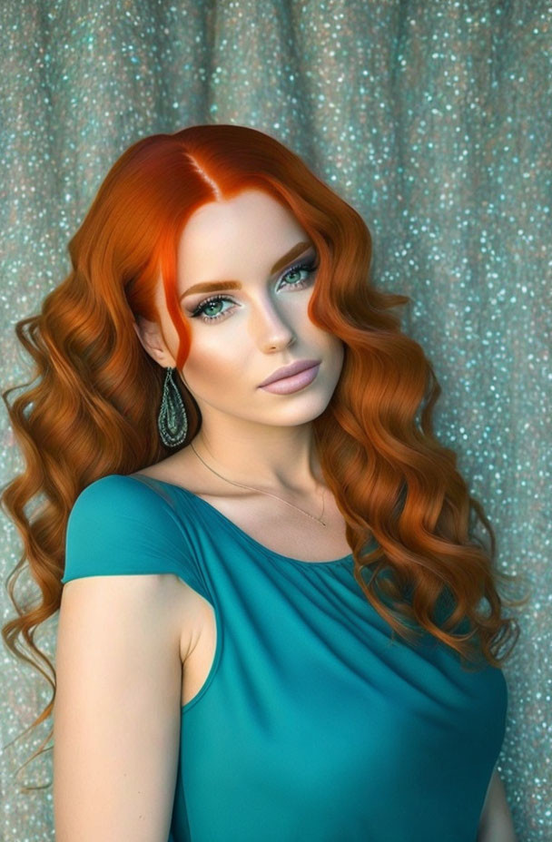 Red-haired woman with green eyes in teal top against glittery backdrop