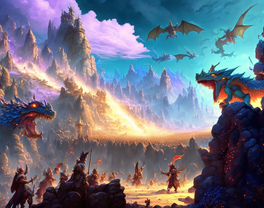 Fantasy landscape with dragons, rocky formations, armored warriors, and dramatic sunset.