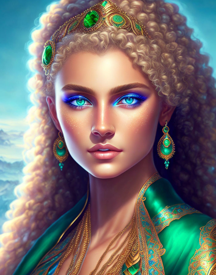 Digital portrait: Woman with curly blond hair, blue eyes, green gem headpiece, earrings on cloud