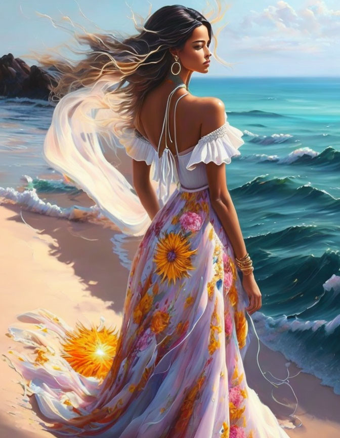 Woman in floral dress by sea with flowing hair and crashing waves