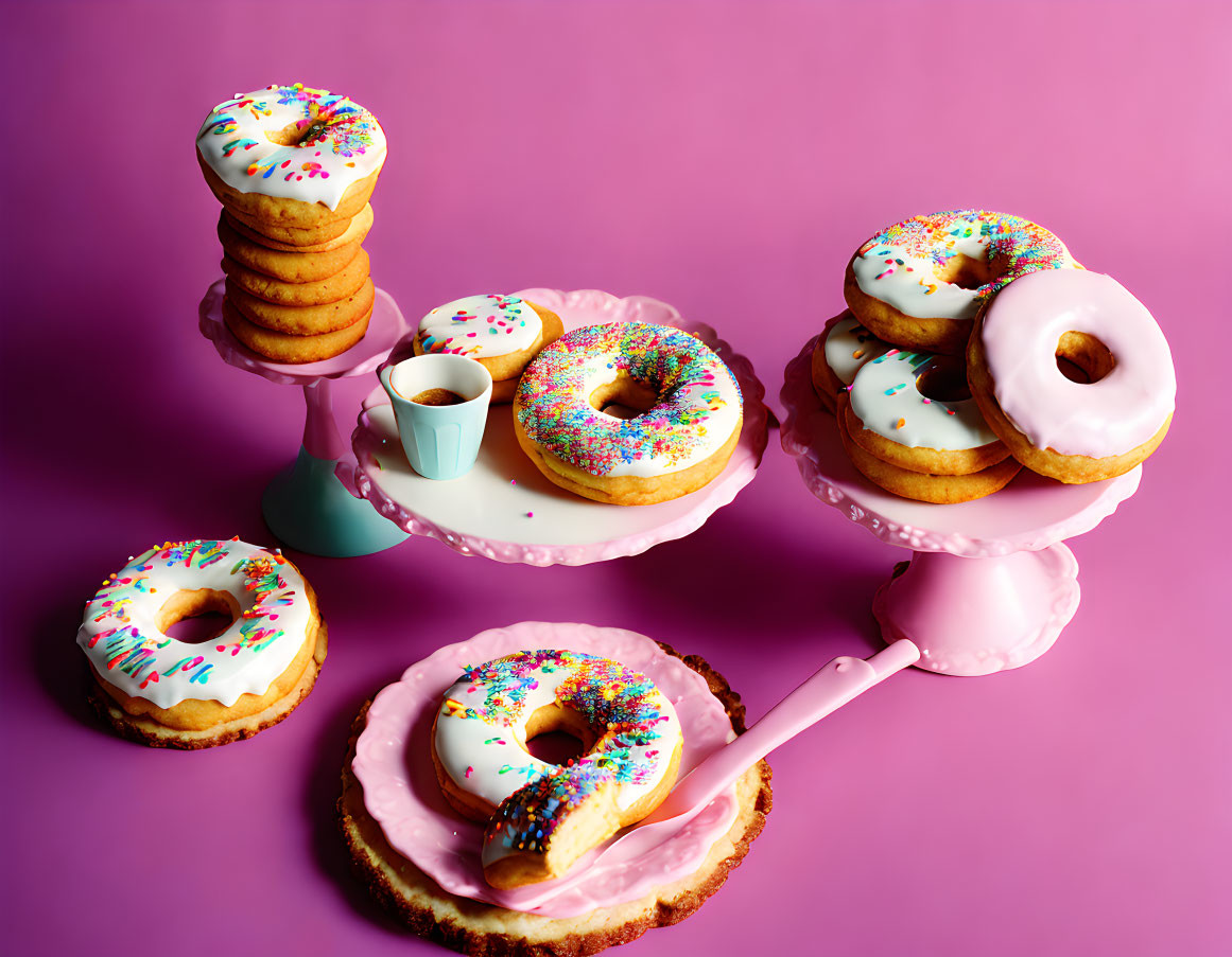 Colorful Sprinkle Donuts on Pink Stand with Cookies and Espresso