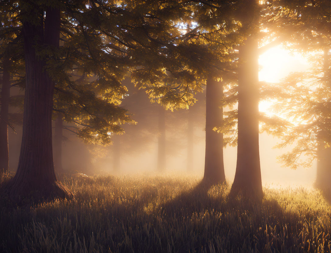 Misty forest with sunlight illuminating grass and tall trees