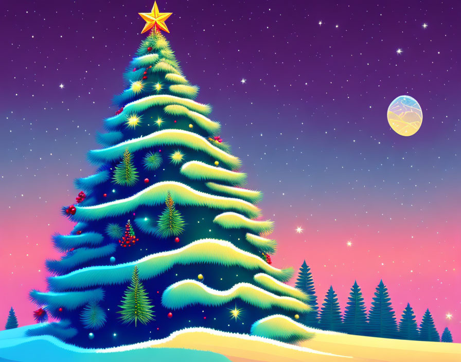 Decorated Christmas tree with star against twilight sky and snow