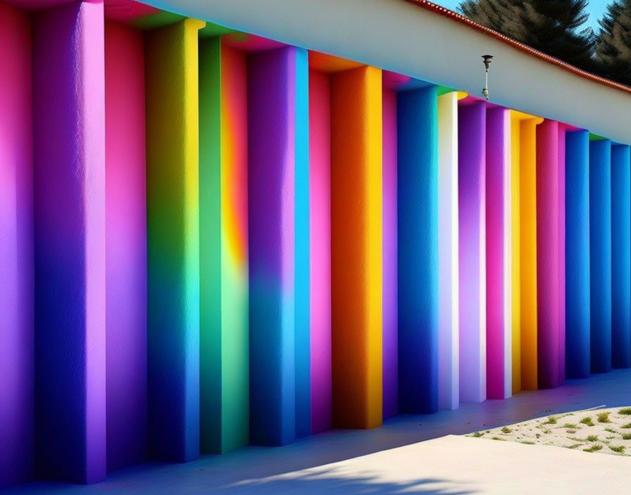 Colorful Vertical Striped Rainbow Wall under Blue Sky