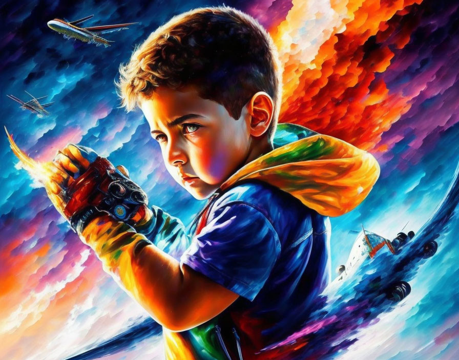 Colorful illustration of boy with glowing wrist device and planes in sky