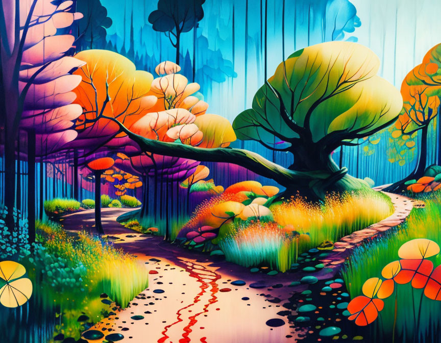 Colorful Trees and Winding Path in Surreal Forest Scene