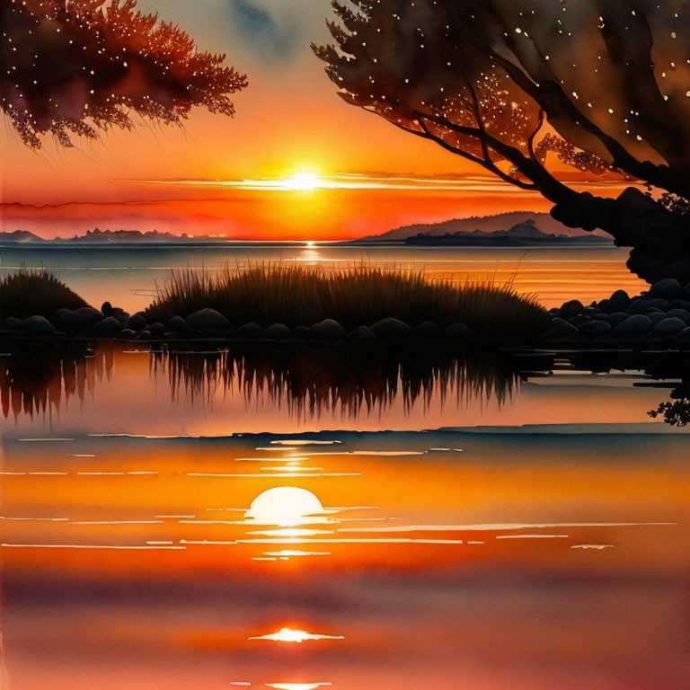 Vibrant orange sunset reflected on tranquil water with silhouetted trees