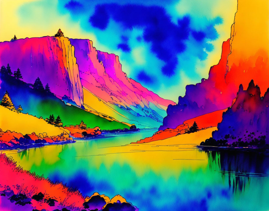 Colorful Stylized Landscape Illustration with Mountains, Trees, River, and Dynamic Sky