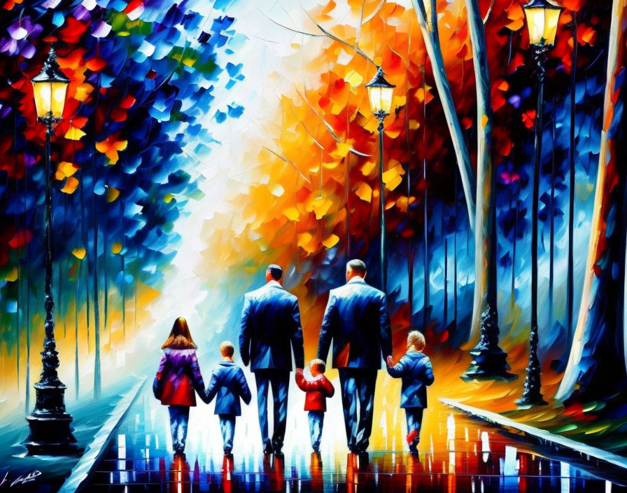 Colorful Family Walking in Rainy Autumn Scene