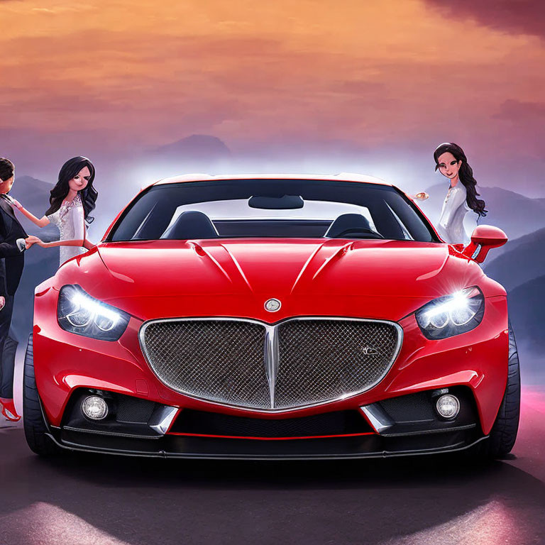 Three animated women presenting shiny red luxury car on pink-purple gradient background