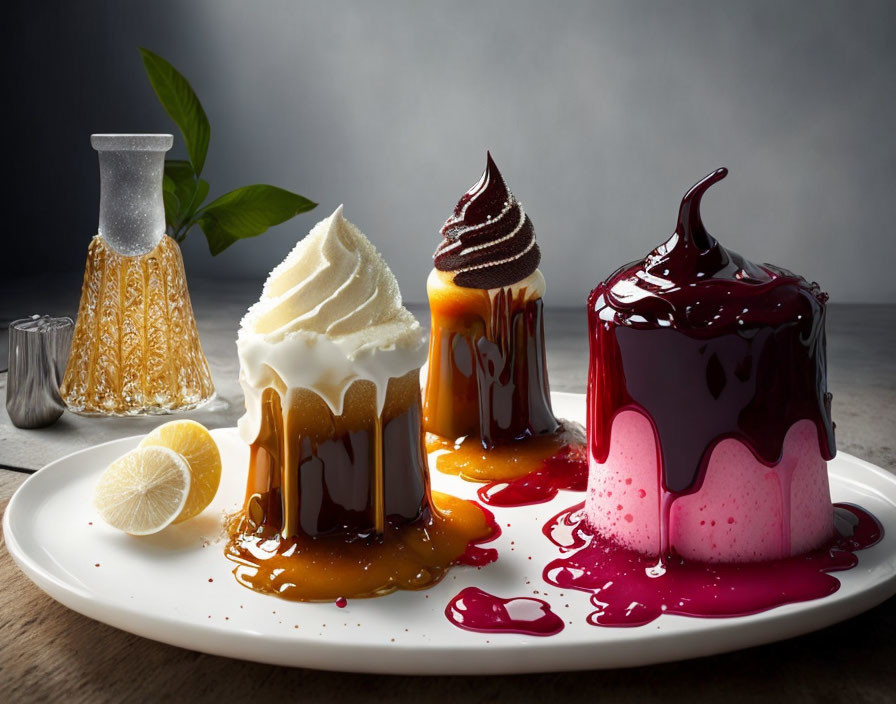 Artistic desserts with caramel, chocolate, and berry sauces on a plate