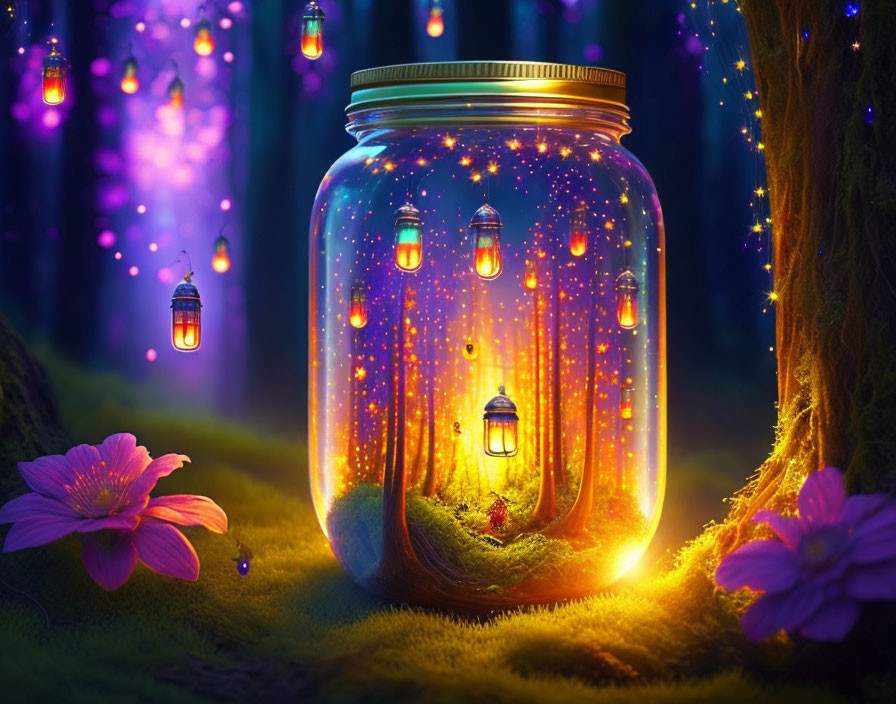 Enchanting forest scene with glowing jar and lanterns in purple flower setting