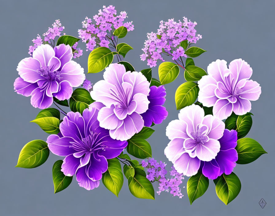 Colorful digital artwork: Cluster of purple flowers and green leaves on grey backdrop