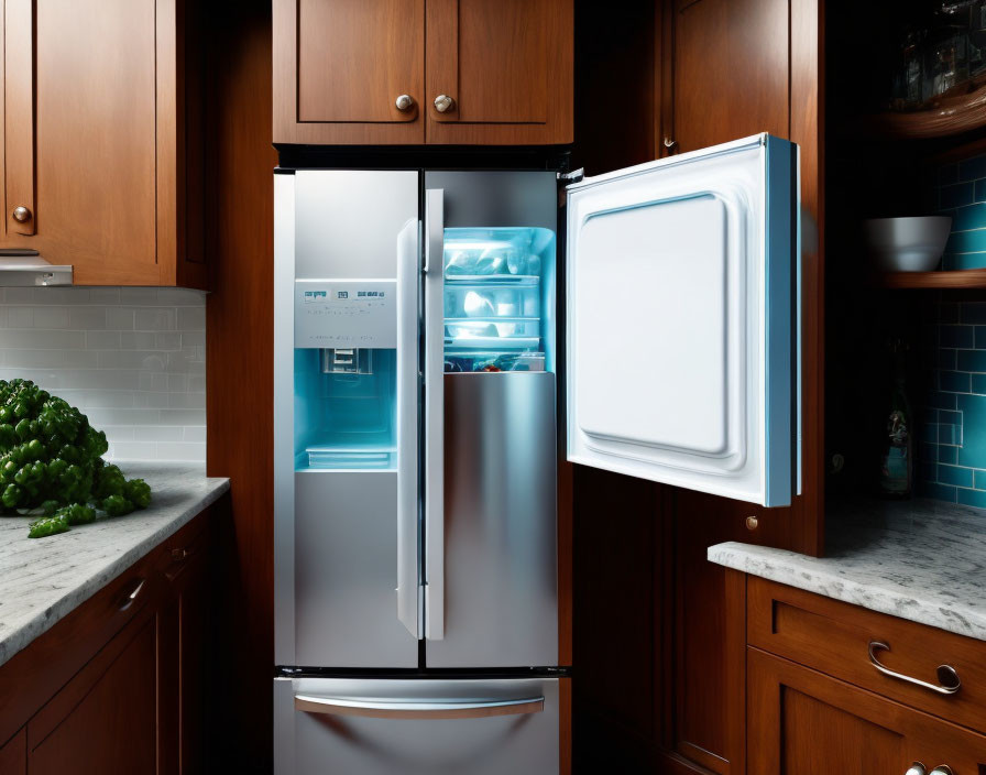 Dark Wood Cabinets, Stainless Steel Refrigerator, Illuminated Shelves, Marble Countertops