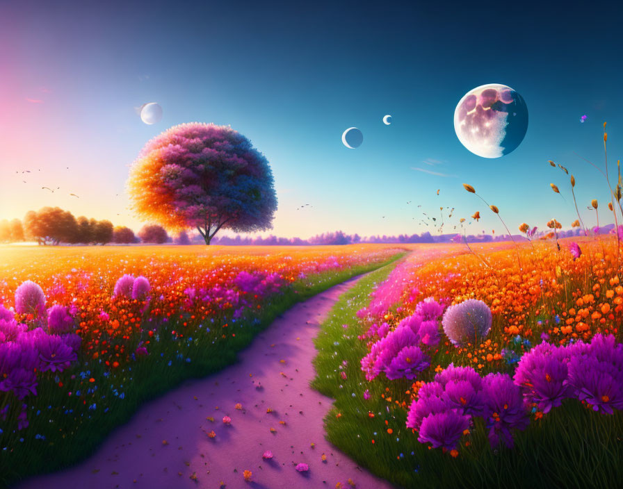 Colorful Landscape with Winding Path, Tree, and Multiple Moons