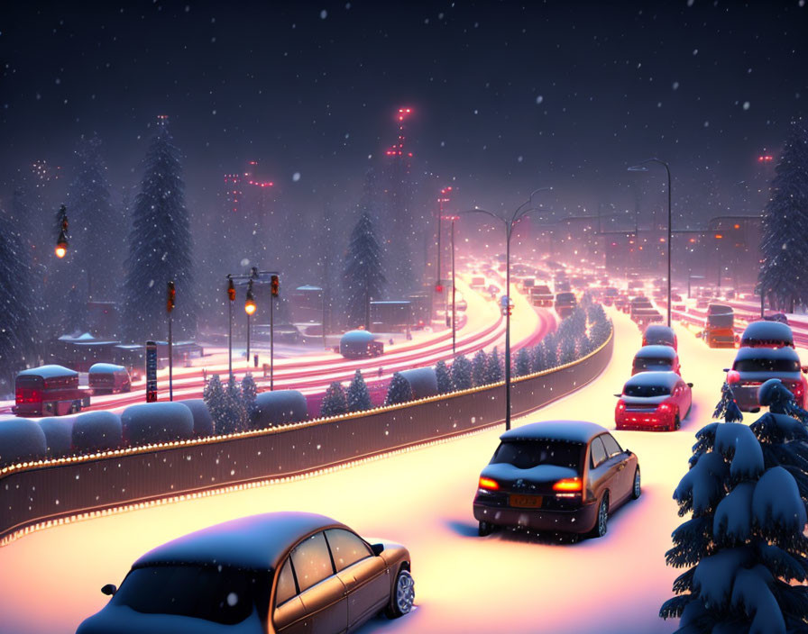 Snow-covered cars on road under night sky with street lamps and city lights glow