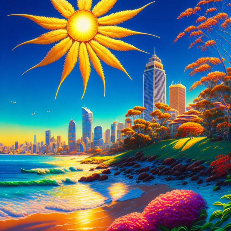 Colorful city skyline illustration at beach with intense sun.