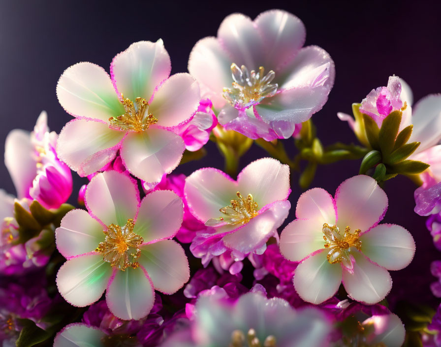 Pearlescent artificial flower cluster with delicate dewdrops on dark background