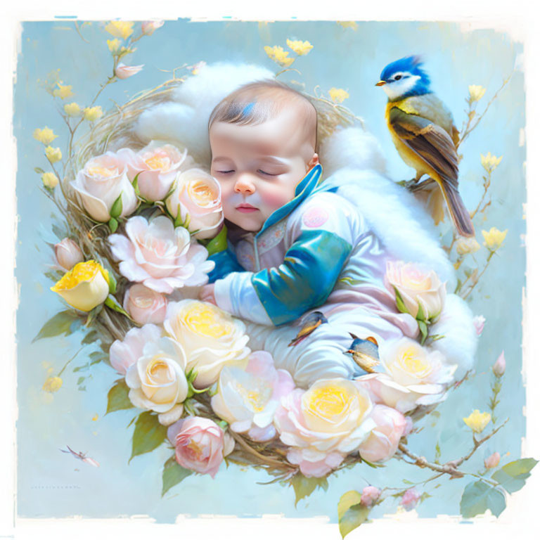 Sleeping baby in rose nest with birds on dreamy blue background