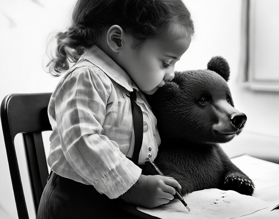 Young child drawing with teddy bear in black and white photo