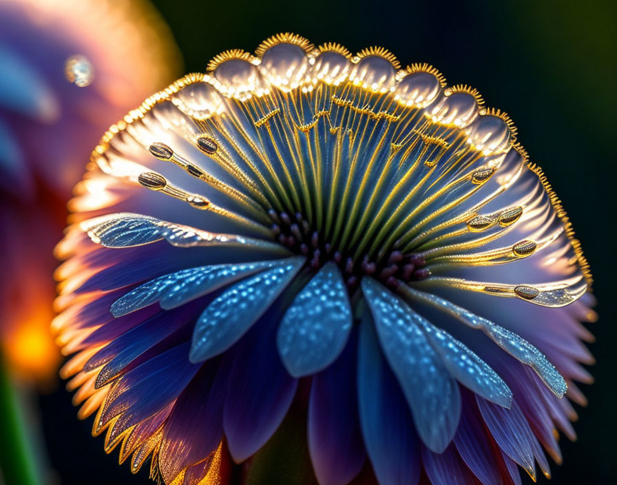 Flower with dewdrops on petals in warm light