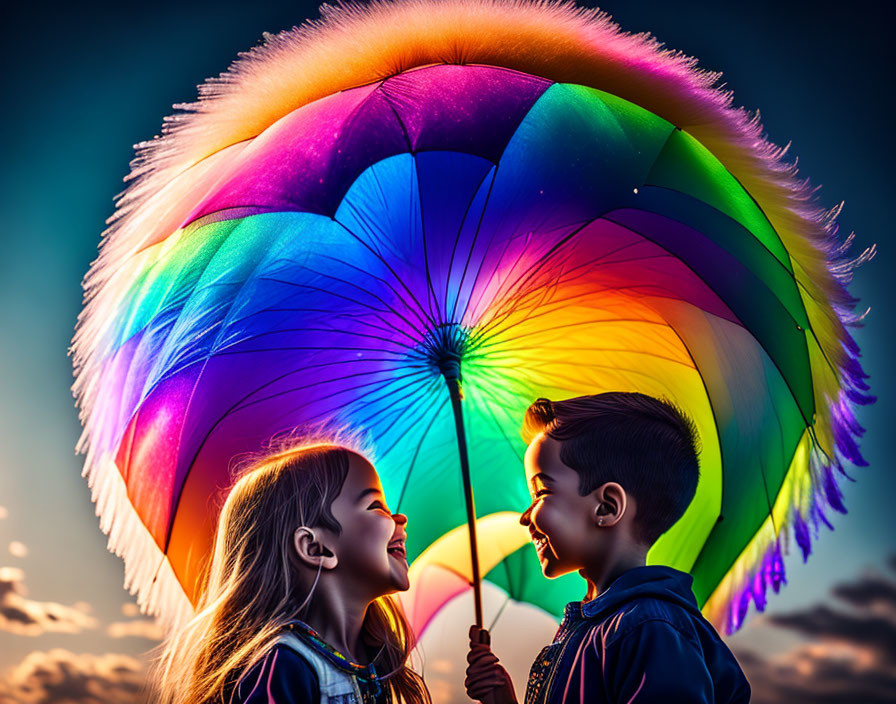 Children smiling under rainbow umbrella at sunset