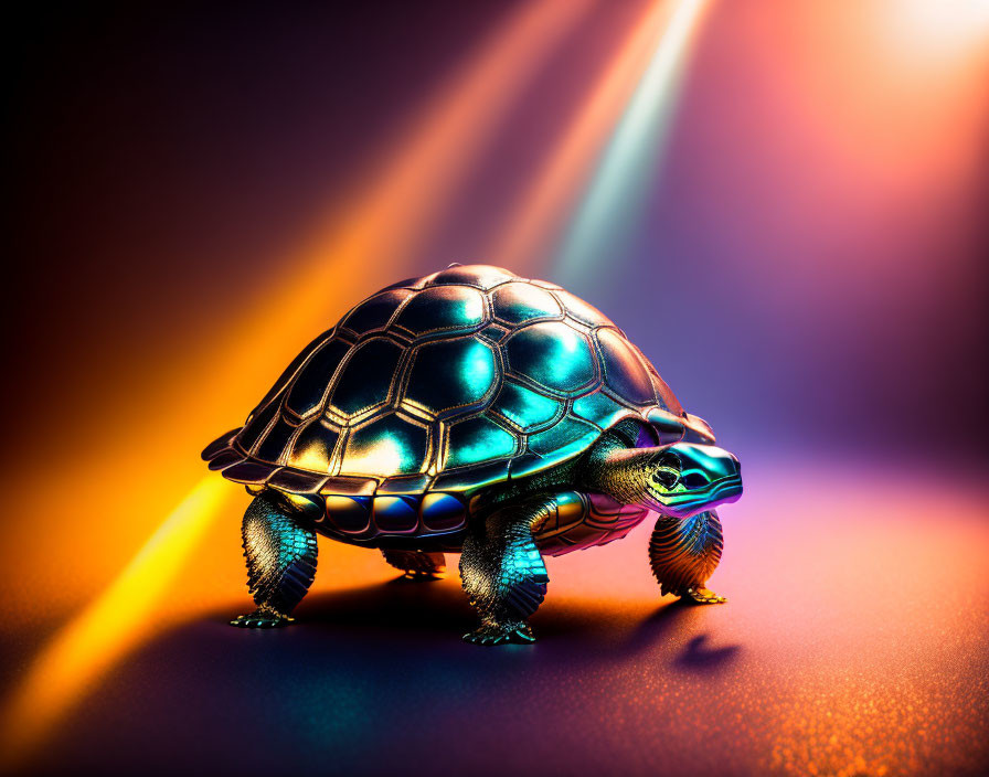 Colorful Lights Illuminate Metallic Tortoise Shell on Dark Background